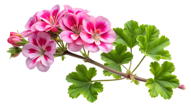 A sprig of pink geranium flowers isolated on transparent background showcases delicate petals and vibrant green leaves, creating a visually appealing floral arrangement