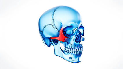 Transparent blue skull with highlighted red bone anatomy human