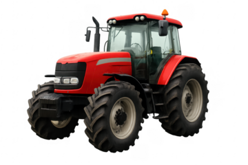 Red agricultural farm tractor on transparent background