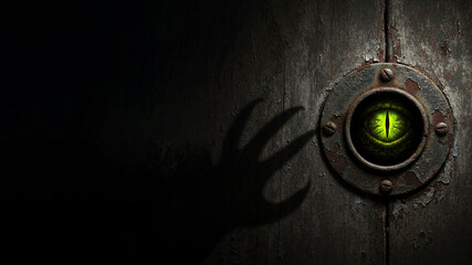 Scary green glowing eye with vertical pupil in rusty keyhole and claw shadow with copy space