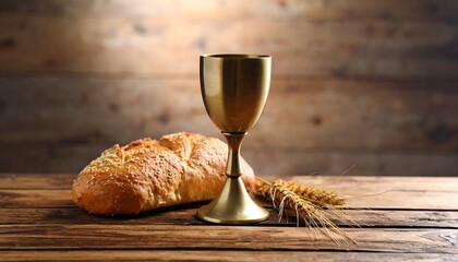 Communion bread and chalice on a wooden table