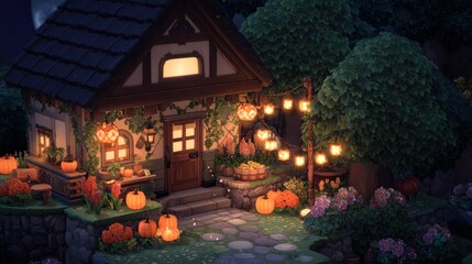 A charming little cottage, nestled in a lush forest, glows with warm autumnal lights.