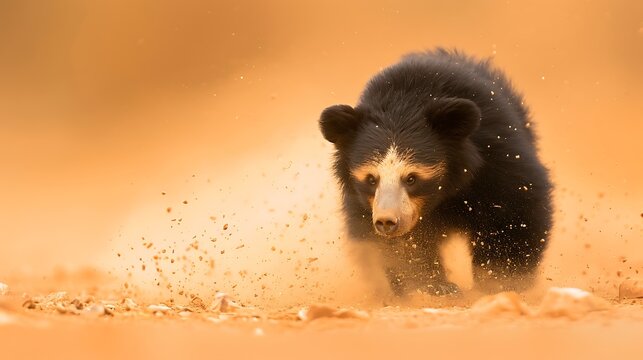 A young sloth bear cub kicks up dust as it moves through its natural habitat