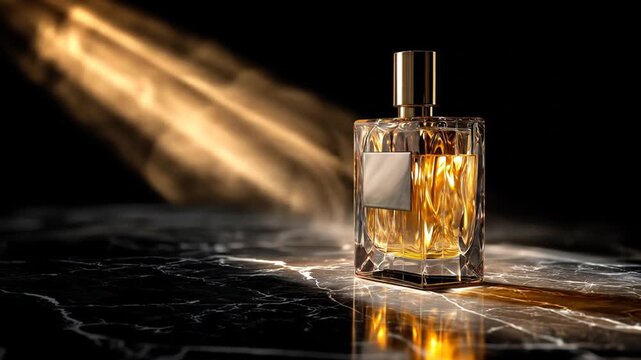 A luxurious perfume bottle sits on a dark marble surface, illuminated by a golden light beam.