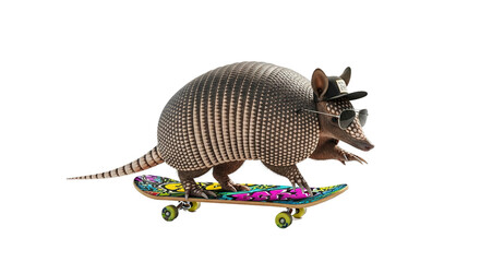 Obraz premium Armadillo rides a skateboard isolated on white background.
