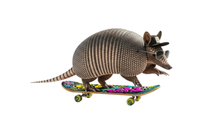 Armadillo rides a skateboard isolated on white background.