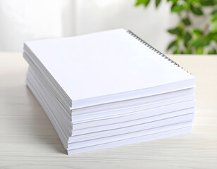 Stack of blank white pages on desk for creative writing and notes