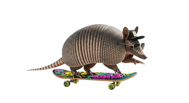 Armadillo rides a skateboard isolated on white background.