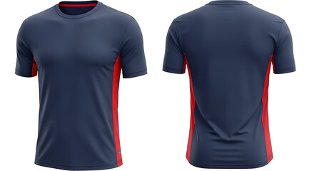 Sporty Crew Neck T-Shirt Front and Back View, Navy Blue with Red Accents, for Athletic Wear