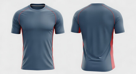 Realistic mockup of a men's slate blue and red athletic performance t-shirt, showcasing both front and back sides for design presentation and branding