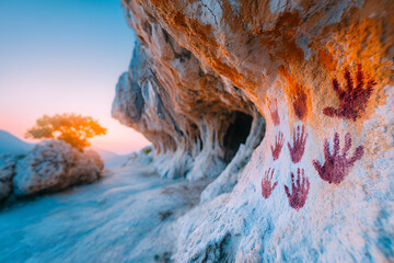 prehistoric handprints, outdoor cave art, colorful cliff wall, scenic landscape, sunrise sky, cultural heritage, symbolic painting, natural textures, bright daylight, untouched nature
