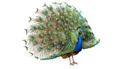 Peacock displaying its feathers against a white background.