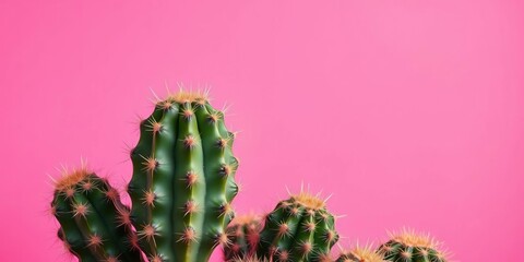 A vibrant pink background features a prickly cactus in sharp focus, graphic, color