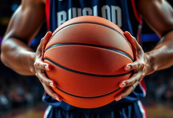 Close-up of basketball in player's hands, ready for shot, sports, sharp