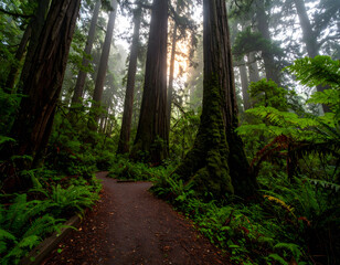 Majestic Redwoods in a Misty Forest Pathway at Sunrise