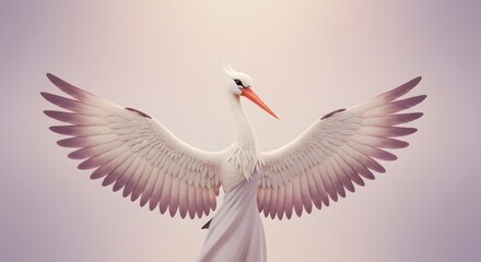 Elegant stork with open wings against a soft, dreamy backdrop, showcasing its pristine white feathers and graceful posture in a serene setting © roza.png