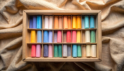 Colorful Pastel Chalks Organized in Wooden Box on Fabric Backdrop