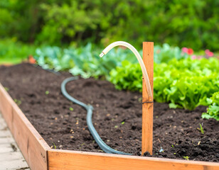 Watering System Setup in Vegetable Garden with Fresh Green Plants