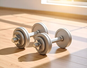 Silver Dumbbells on Wooden Floor Illuminated by Natural Light