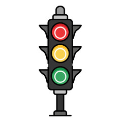 Cartoon traffic light illustration showing all three colors, representing decision-making, order, and street crossing safety