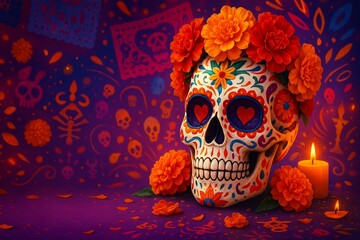 commercial illustration of Colorful sugar skull for Día de Muertos with marigolds and candles in vibrant decoration