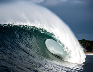 Majestic Ocean Wave Crashing with Dramatic Foam on Beach Shoreline