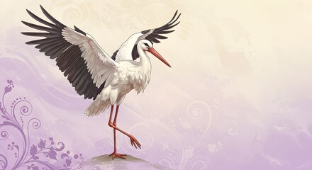 A majestic stork gracefully spreads its wings against a soft, dreamy backdrop, evoking a sense of freedom and serenity in a captivating scene