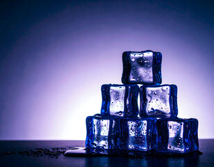 Stacked Clear Ice Cubes with Water Droplets on Dark Surface