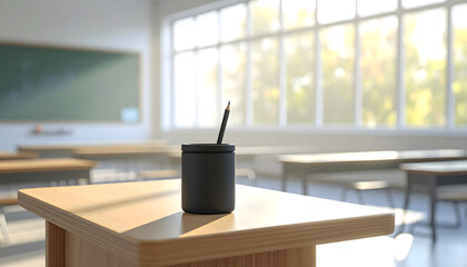 Minimalist Classroom Setting with Pencil Holder on Desk Surface