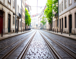 Serene Streetcar Tracks in a Quiet European City Landscape