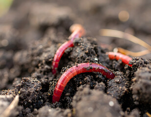 Close-up of Red Earthworms in Dark Soil Rich in Nutrients and Life