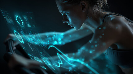 A woman exercising on a smart gym machine with an AI analyzing her biometric data on a holographic display.