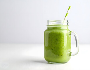 Fresh Green Smoothie in a Glass Jar with Straw on a Light Background