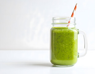 Refreshing Green Smoothie in a Jar with Colorful Straw
