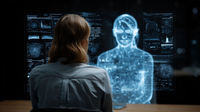 A person discusses their future with a holographic AI career coach that analyzes personal and market data.
