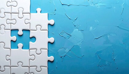 White jigsaw puzzle pieces on a textured blue background, some pieces missing, implying incompleteness or a challenge