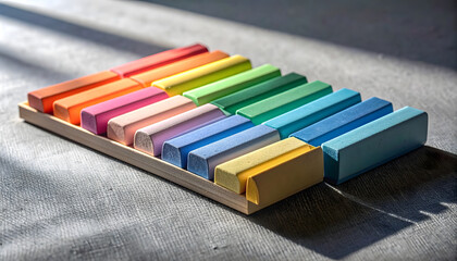 Colorful chalk sticks arranged on a wooden tray under sunlight