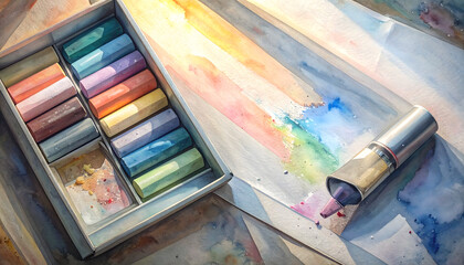 Colorful Art Supplies on Table with Paint Strokes and Chalk Pastels