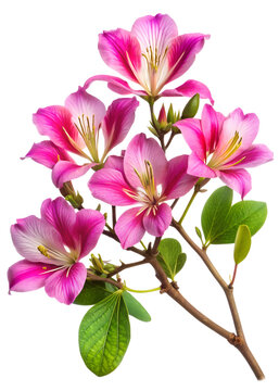 A beautiful branch of hong kong orchid tree flowers isolated on transparent background, showcasing vibrant pink petals with delicate white and yellow markings, creating a stunning display
