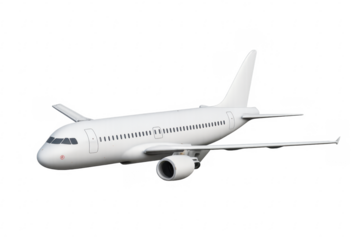 White passenger airplane flying, transparent background, travel concept