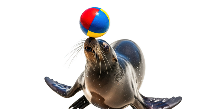 Sea lion balancing a colorful ball on its nose against a white background.