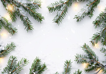 White, green snow-covered branches frame a clean surface. Ideal for holiday-themed product photography, Christmas cards, branding, festive posters.