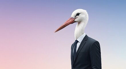 A surreal portrait of a stork head on a mans body in a suit, set against a gradient background, creating a striking and conceptual image © roza.png