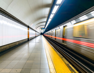 Obraz premium Subway Station Interior with Train Movement Blur at Nighttime