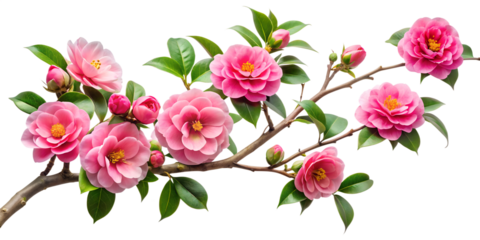 A branch of pink camellia flowers isolated on transparent background, showcasing delicate petals, vibrant colors, and intricate details, creating a visually appealing composition