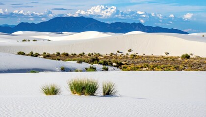 White sand dunes stretch towards distant blue mountains under a partly cloudy sky; sparse desert vegetation punctuates the foreground