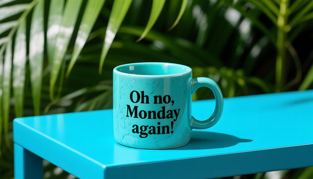 Bright turquoise coffee mug with Oh no Monday again humorous quote on tropical background