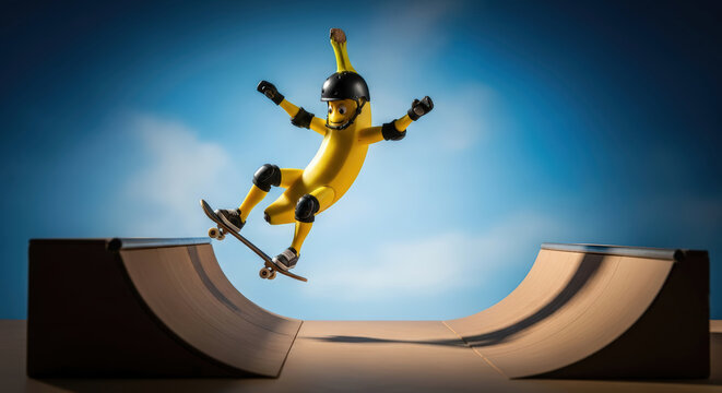 Smiling banana mascot with helmet and pads performs an aerial skateboard jump on a half-pipe ramp, symbolizing fun, energy, and extreme sports