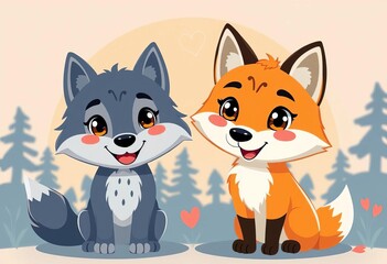 Obraz premium Cute cartoon fox and wolf, vibrant colors, playful animal silhouettes & icons, forest, furry