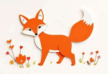 Fototapeta premium Orange fox paper cutout, red fox paper art Layered design, whimsical style, illustration, background